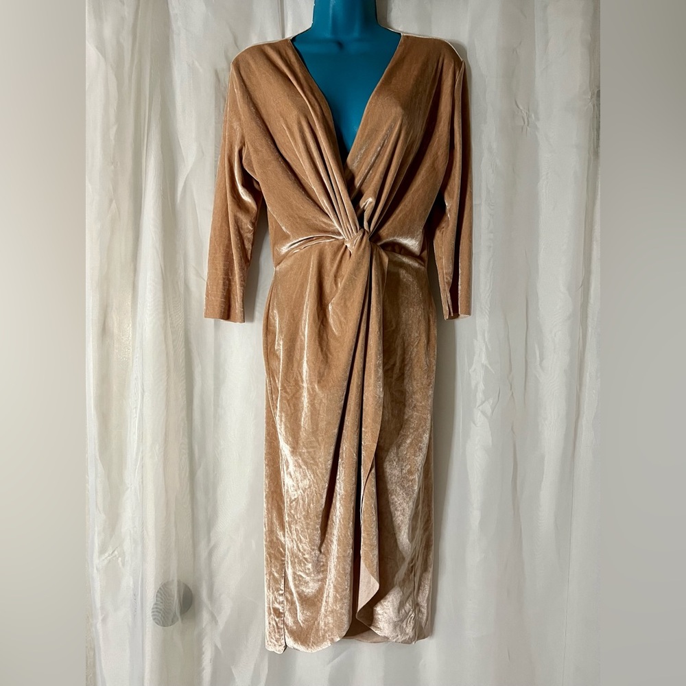 Zara Rose Gold Goddess, Plunge Neckline, 3/4 Sleeve Velvet Wrap Dress w/ Slit